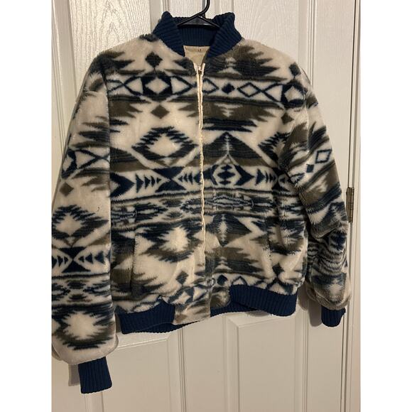 Vintage Donny Brooke Aztec Print Faux Fur Plush Bomber Jacket Size Men’s Large - Picture 1 of 7
